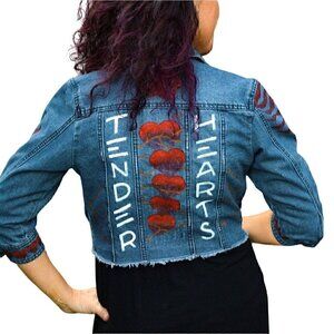 Denim jean jacket 3/4 sleeves, frayed bolero cut, hand painted hearts and thorns